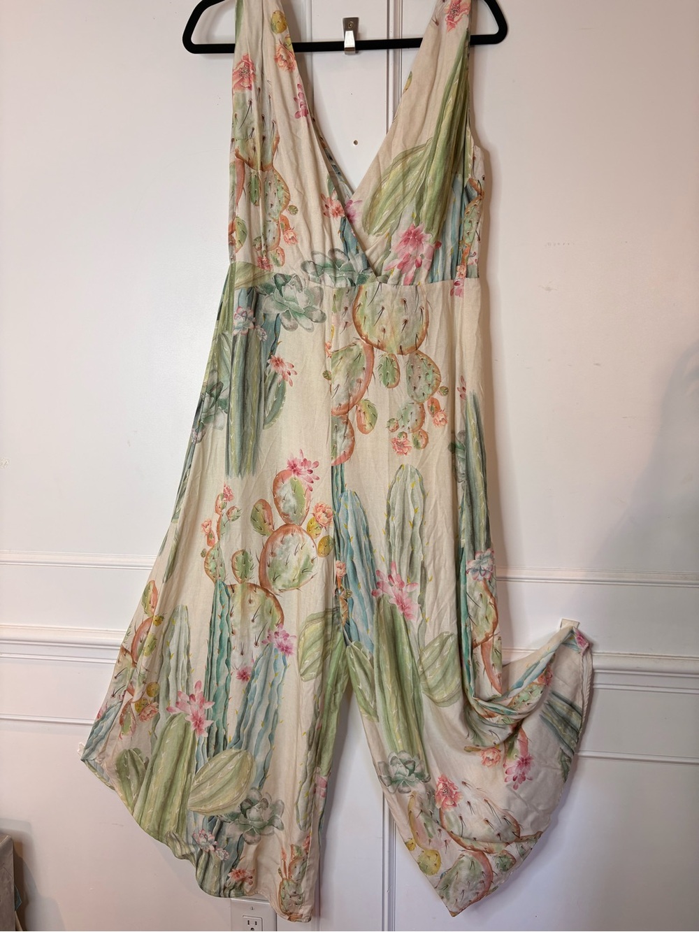 Lez a lez White Cropped Jumpsuit with Green Cactus Print